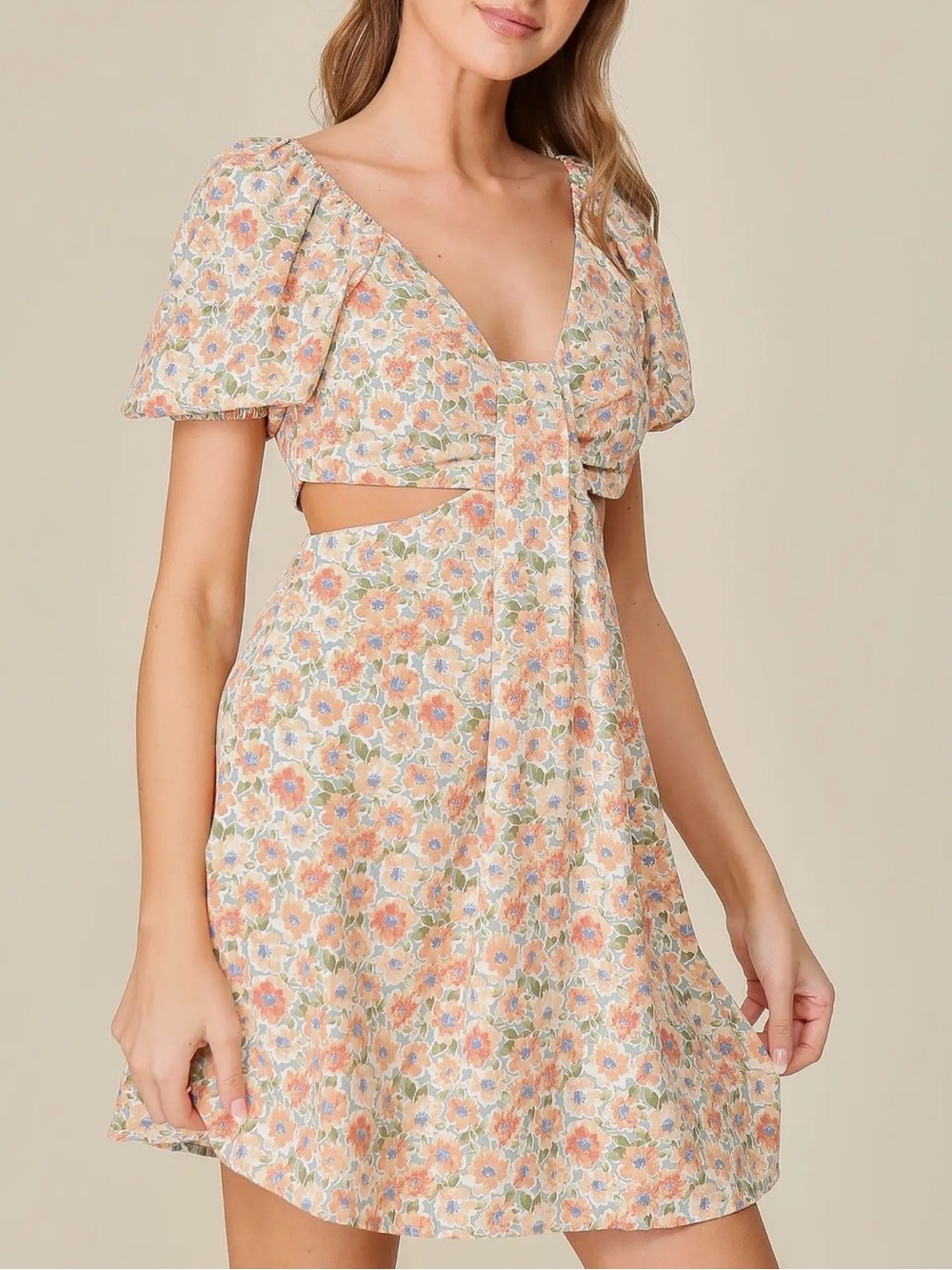 Lumiere Sage Banana Floral Cutout Puff Sleeve Mini Dress Cottagecore Party s/m/L - Picture 6 of 9